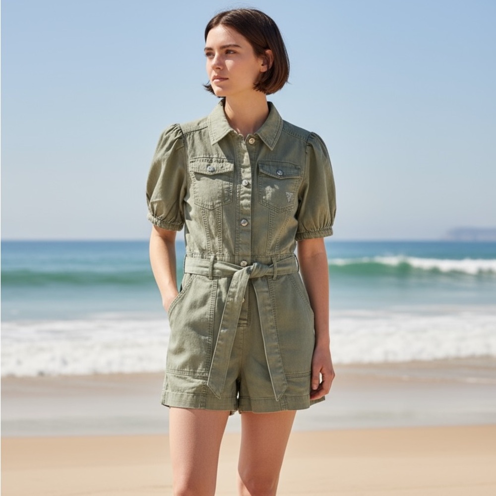 Guess Girls 14 Olive Green Button-Up Romper